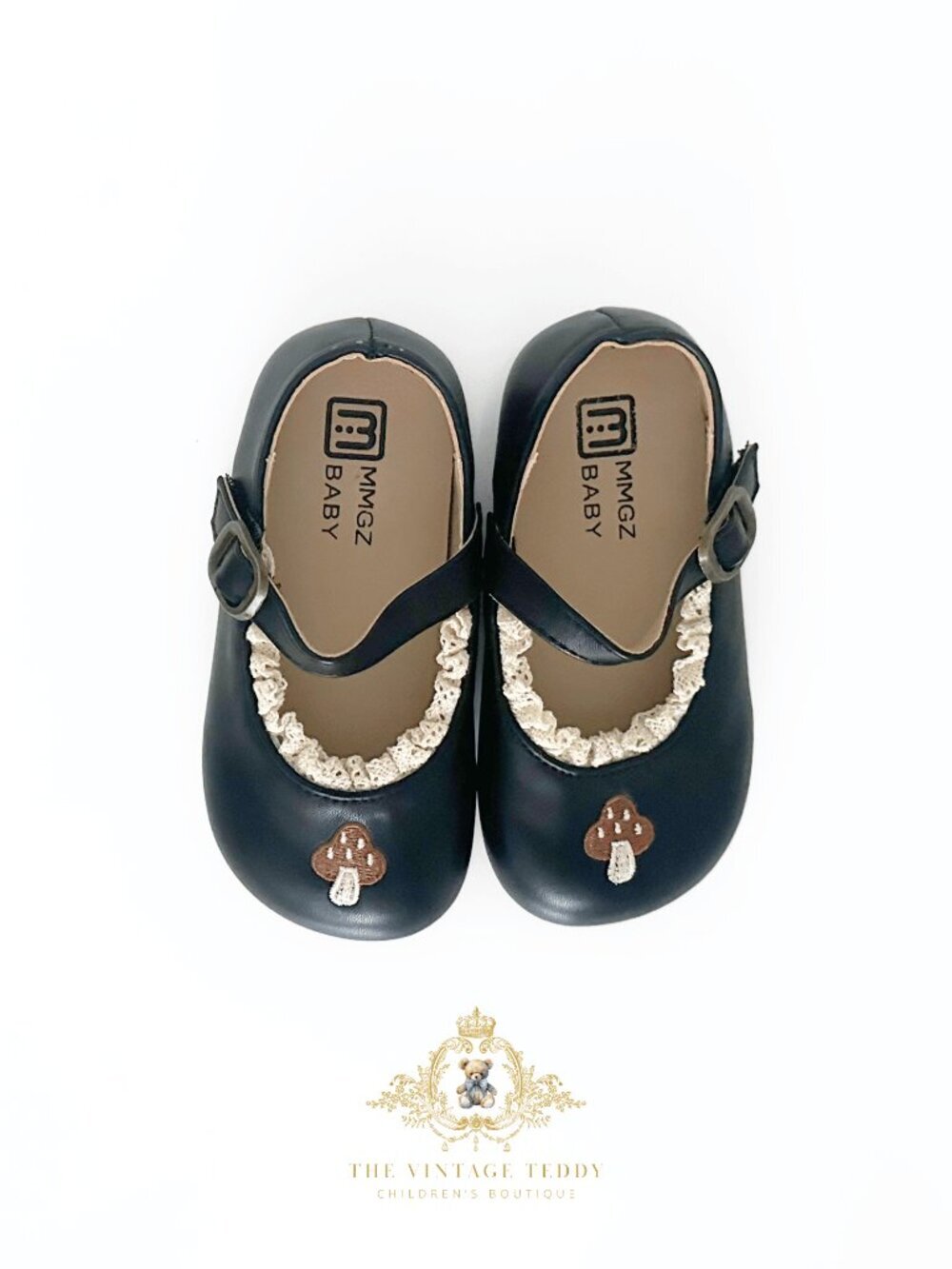 NWT Pretty Girls Embroidered Mary Jane Flats Children's Shoes Mushroom Black 8.5
